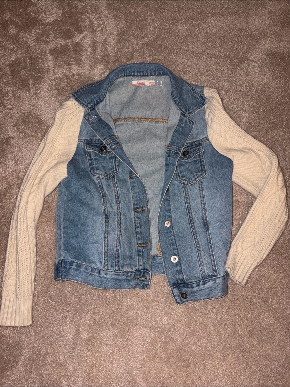 Vintage Havana Blue Denim Jacket with Cream Knit Sleeves